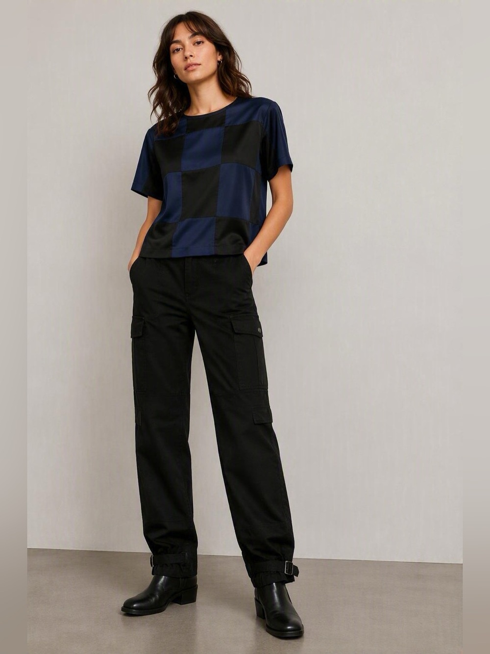 Cynthia Rowley black and navy blue checkered 100% silk blouse in size M Reg $198